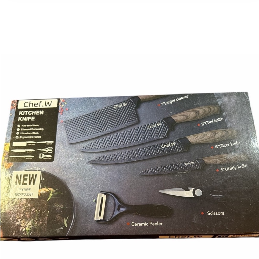 6 piece kitchen knife set; meat scissors, peeler